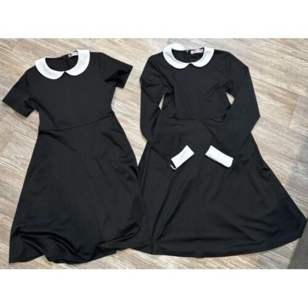 2 X Gorlya Girls B&W Dresses. Short & Long Sleeve w/pockets, Zip Back Sz 11-12